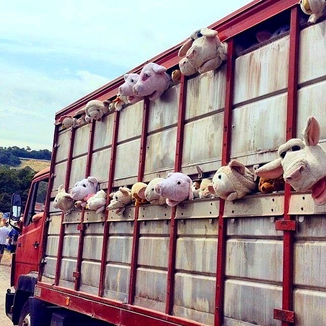 Earlier today, Banksy brought his NYC "Sirens Of The Lambs" meat truck, stuffed with farmyard animals to Glastonbury Festival.