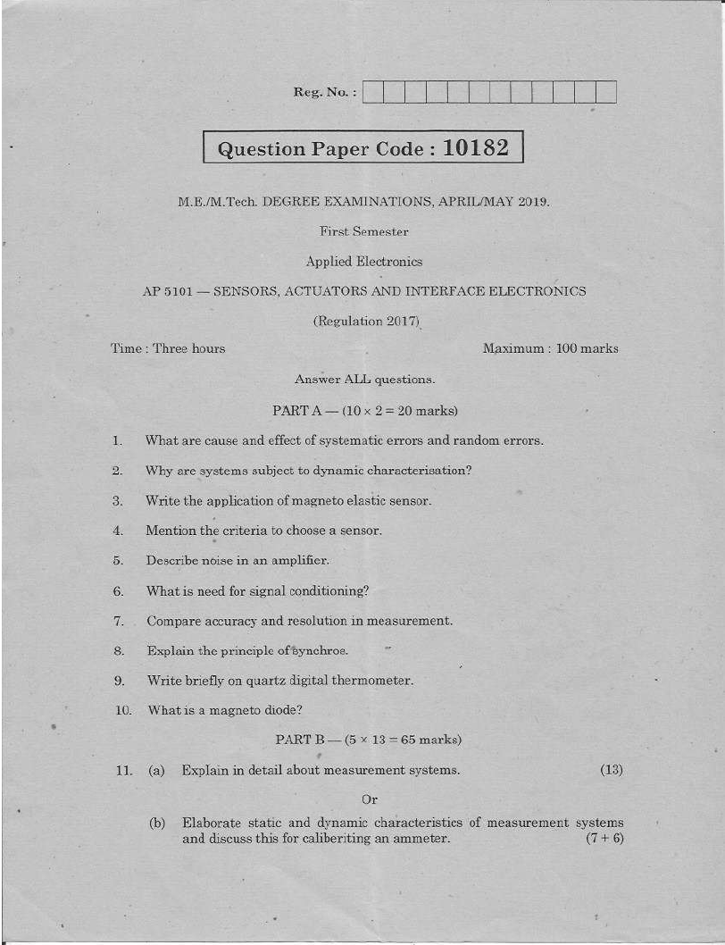 Anna University AP 5101Sensors Actuators And Interface Electronics