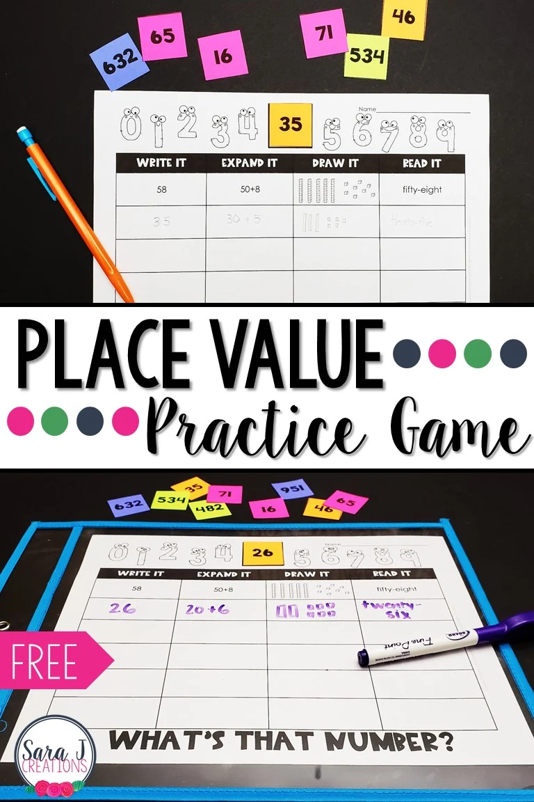 Make place value more fun with this FREE place value practice game. This is ideal for second grade because it focuses on two and three digit numbers and writing them in standard, word, expanded form and base ten blocks. But there is also and editable sheet where you can add any number making this something first or 3rd grade students would love too. Perfect activity for teaching or reviewing place value during math centers.