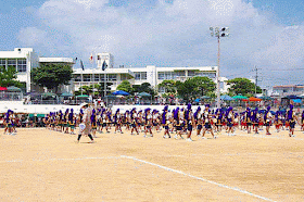Traditional Okinawa Eisa dance at a school field meet