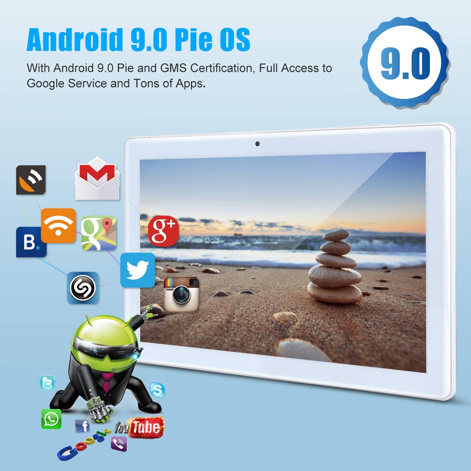 10 inch Android Google Tablet, Android 9.0 Pie, GMS Certified, 2GB RAM