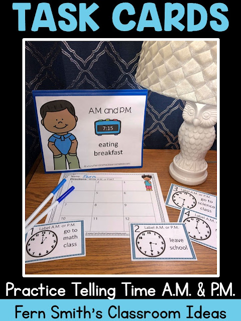 Second Grade Go Math 7.11 A.M. and P.M. Bundle - Practice Telling Time - This bundle has task cards and center games for Second Grade Go Math 7.11 A.M. and P.M. You will love how easy it is to prepare this easy to prep bundle for your math class. Perfect for small groups, read the room, centers, scoot, tutoring, Around the World whole class game, homework, seat work, so many ways to use these task cards that the possibilities are endless. Your students will enjoy reviewing important skills with the center games! Perfect for an assessment grade for the week or for a substitute teacher day! #FernSmithsClassroomIdeas