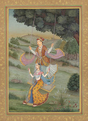 Get Watercolor Painting - The Royal Couple on Swing by Exotic India Art
