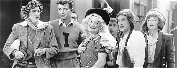 Huntz Hall, Leo Gorcey, Benny Bartlett, David Gorcey and Gil Stratton (“The Bowery Boys”) femulating in the 1952 film Hold That Line.