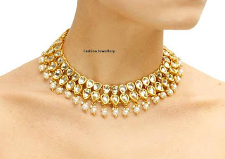 Kundan Pearl 21k Gold Jewellery Bridal Necklace.