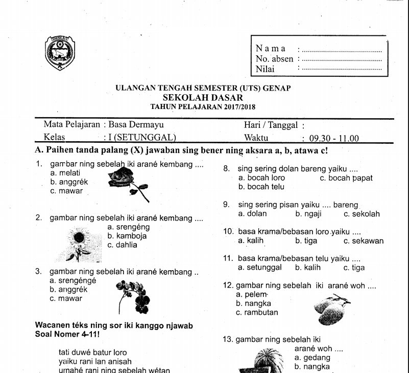 Download Soal Ulangan Tengah Semester Uts Genap Bahasa Indramayu Kelas 1 Sd 2018 Bilal Web Inspirasimilenial