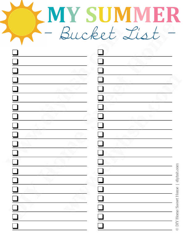 Blank Summer Bucket List Free Printable DIY Home Sweet Home