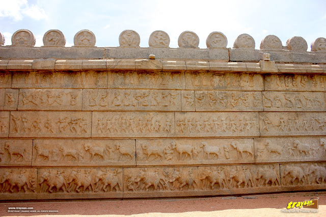 Relief sculptures on enclosure walls of Hazara Rama temple complex in Hampi, Ballari district, Karnataka, India