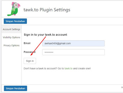 Login Akun tawk.to Di Penggaturan Plugin