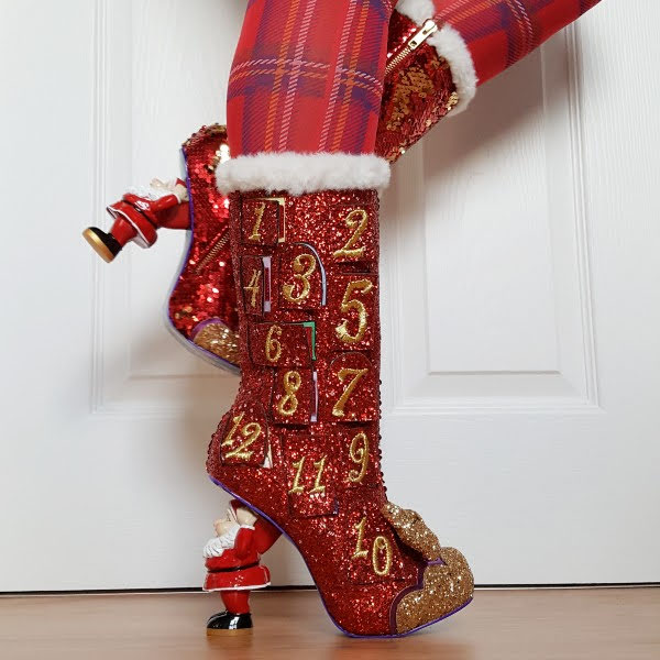 wearing irregular choice red glitter advent calendar boots