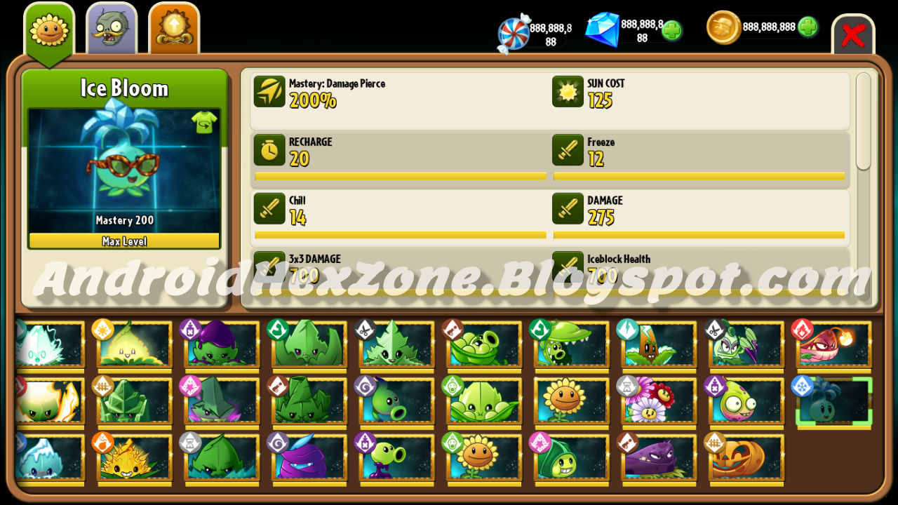 Plants vs Zombie 2 pp.dat save game screenshot of plants, plants level, coins, gems