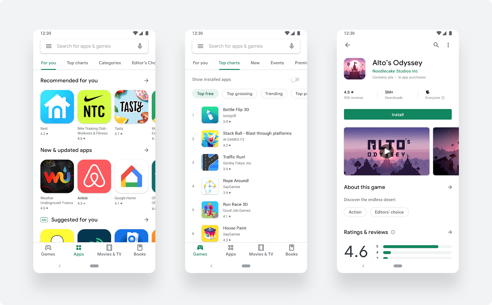 3 screenshots showcasing Google Play Store "For You", search results and listing, to represent how App Store Optimization works.