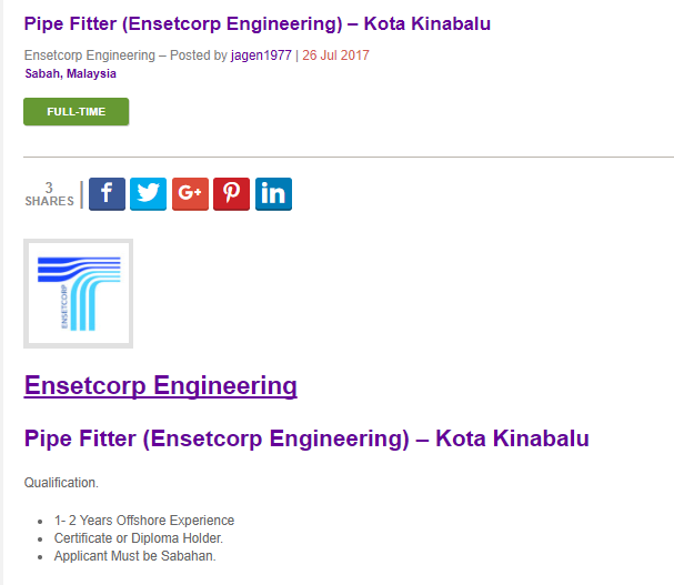Oil &Gas Vacancies Pipe Fitter (Ensetcorp Engineering) Kota Kinabalu