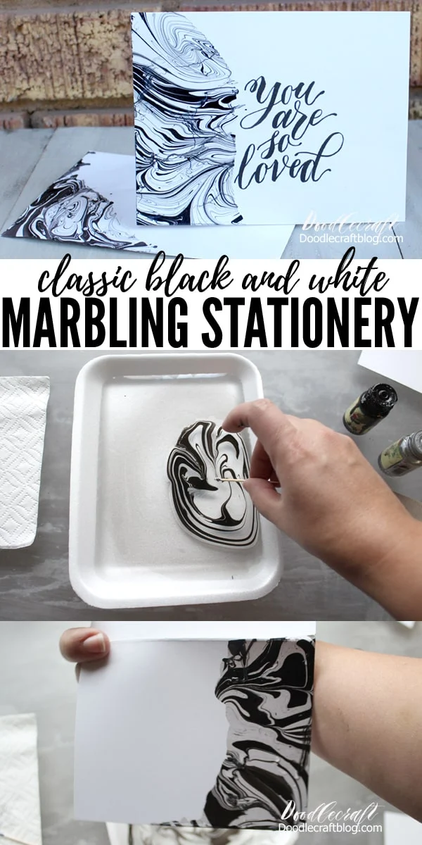 Make marbled stationery with Easy Marble black and white marbling classic cards for wedding, invites, place cards, and other papercrafts.