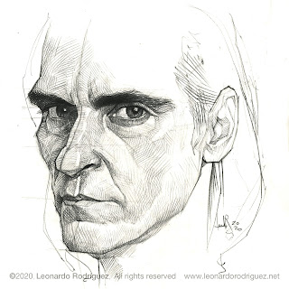 Pencil drawing of a 3/4 view face of Joaquin Phoenix