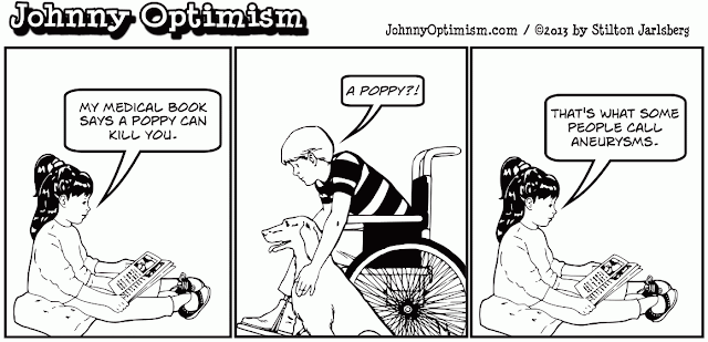 johnny optimism, johnnyoptimism, medical, jokes, cartoon, sick jokes, stilton jarlsberg, doctor jokes, wheelchair, hypochondria, medical book, symptoms, poppy