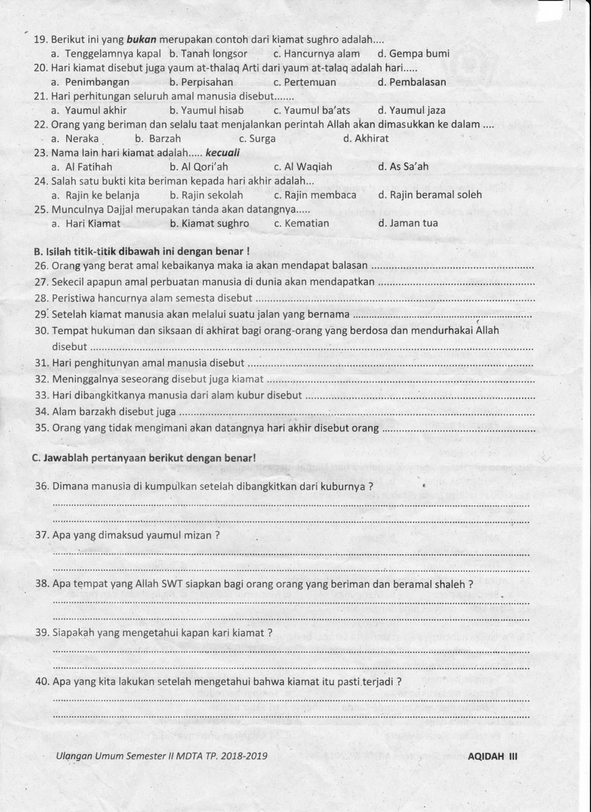 Model Soal Ulangan Semester II (Dua) pada Tingkat Diniyah