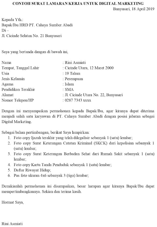 Contoh Surat Lamaran Pekerjaan Untuk Periklanan Dan Pemasaran - Tanpa Koma