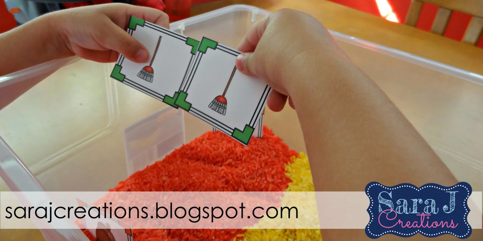 Fall sensory bin activities with free printable matching pictures card game.