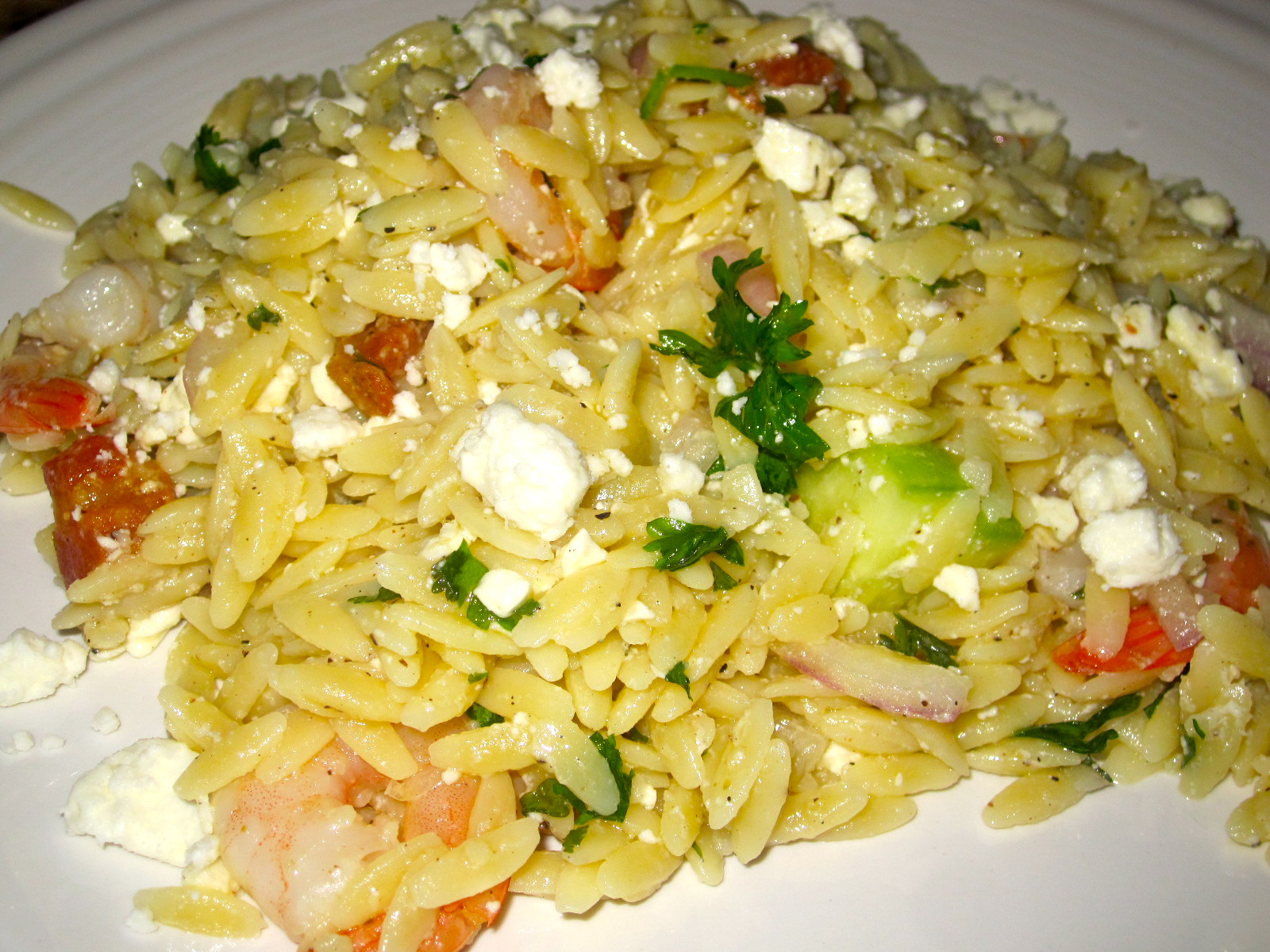 The Cultural Dish Orzo Pasta with Shrimp, Pancetta, and Feta Cheese