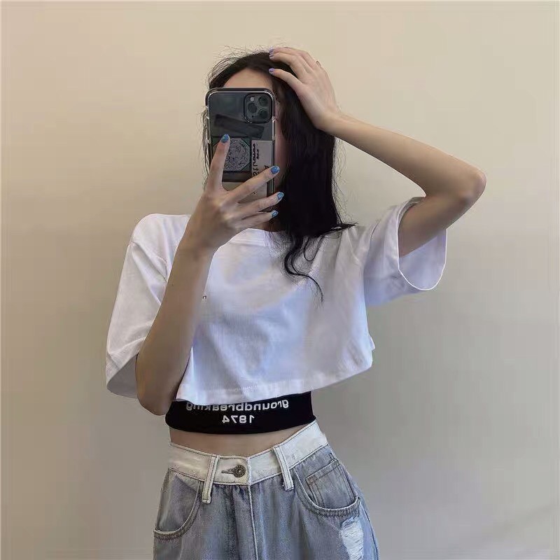 Bộ Áo Croptop Nữ 1974 Áo Ngắn Tay Lỡ Kèm Bra 2 Màu X001