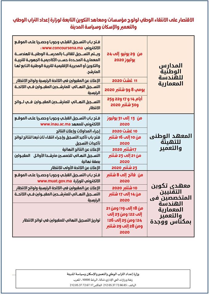 مباريات مؤسسات و معاهد التكوين التابعة لوزارة إعداد التراب الوطني و التعمير و الإسكان و سياسة المدينة التسجيل مؤسسات و معاهد التكوين التابعة لوزارة إعداد التراب الوطني و التعمير و الإسكان و سياسة المدينة
