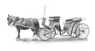 A pencil drawing of a Horse and Carriage in Cockington