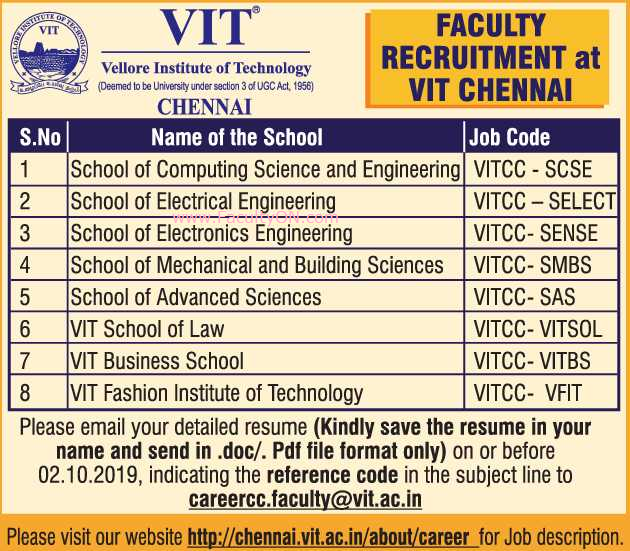 Vellore Institute of Technology Chennai Teaching Faculty Job Vacancy