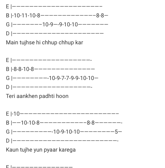 Kaun Tujhe Guitar Tab/ MS Dhoni – The Untold Story / Guitar Tabs / Lead Notes / Hindi Songs Tabs / Palak Muchhal / Bollywood / Kaun Tujhe Guitar MS Dhoni – The Untold Story Movie / Gaane