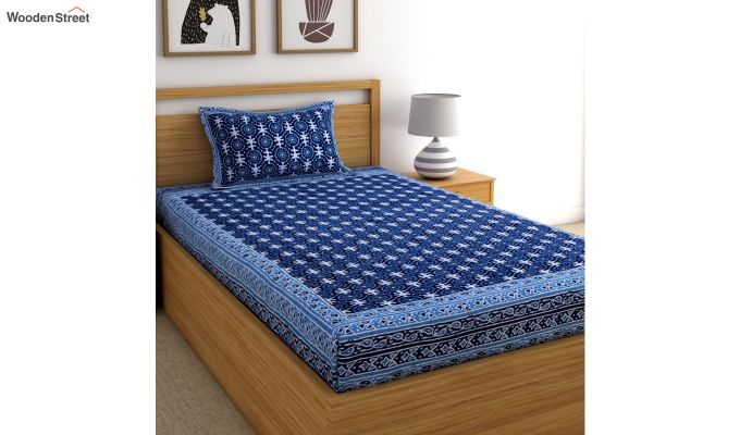 Blue screen block print single bed sheet
