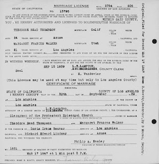 "California, County Marriages, 1850-1952," database with images, FamilySearch (https://familysearch.org/ark:/61903/1:1:K8K6-ZNZ : 8 December 2017), Theodore Read Thompson and Margaret Frances Walker, 30 Sep 1939; citing Los Angeles, California, United States, county courthouses, California; FHL microfilm 2,115,857.