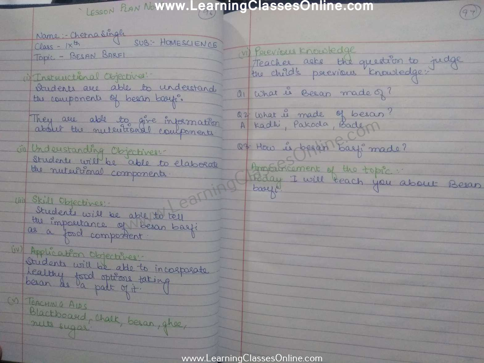 Home Science Lesson Plan Class 8 in English on Besan Barfi free download pdf