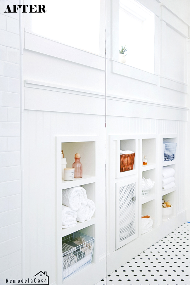 Bathroom Renovation Under the Eaves Storage Shelves Remodelando la Casa