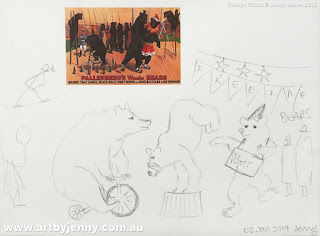 artwork featuring a bear on a bike and other bears by Jenny James copyright 2019