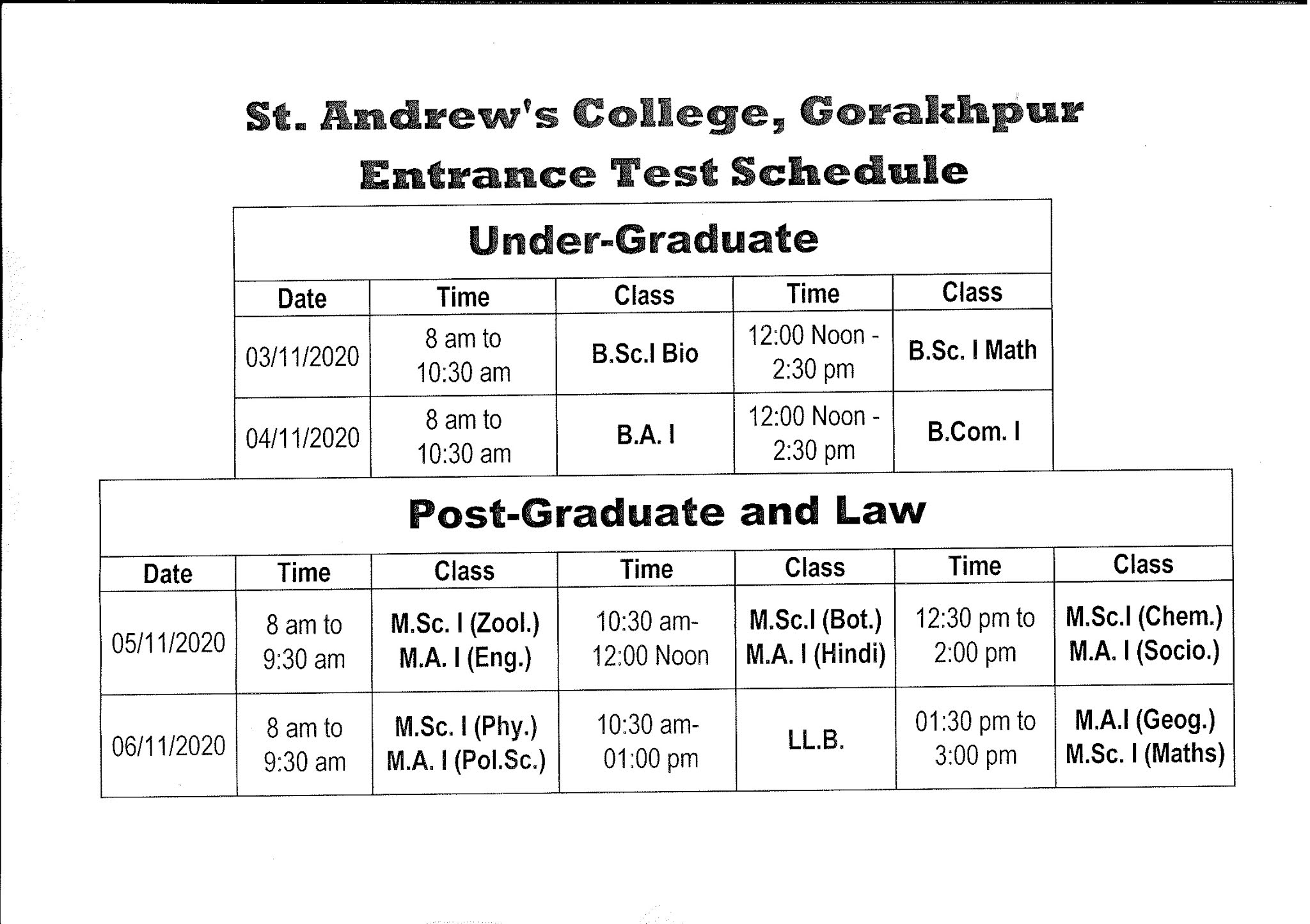 St. Andrews College Gorakhpur, Online Application Form 2020 for UG & PG