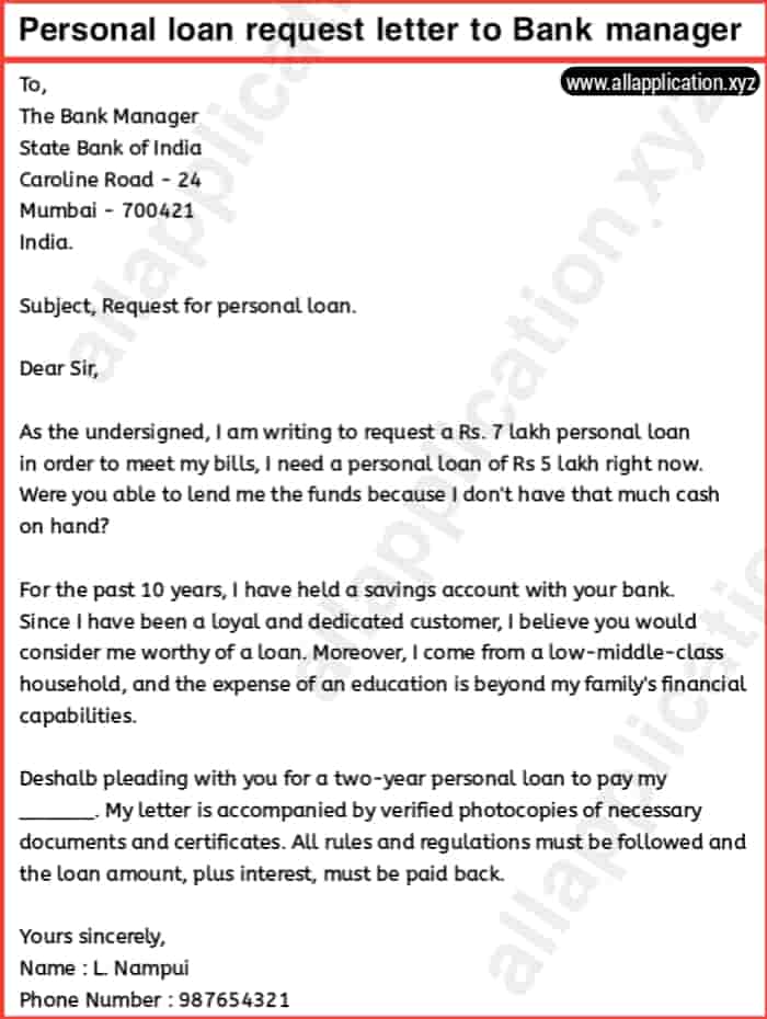 Personal Loan Request Letter To Bank Manager