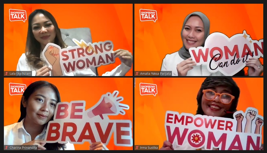(ki-ka) Eka Nilam Dari, Head of Strategic Merchant Acquisition ShopeePay; Amalia Yaksa Parijata, Vice President Marketing & Distribution Channel Citilink Indonesia dan; (bawah) Charina Prinandita, Co-Founder Eatlah; dan Irma Sustika, Founder Womanpreneur Community (ki-ka) Eka Nilam Dari, Head of Strategic Merchant Acquisition ShopeePay; Amalia Yaksa Parijata, Vice President Marketing & Distribution Channel Citilink Indonesia dan; (bawah) Charina Prinandita, Co-Founder Eatlah; dan Irma Sustika, Founder Womanpreneur Community