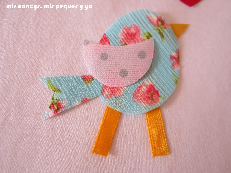 mis nancys, mis peques y yo, tutorial aplique en camiseta, birds in love, colocar pico