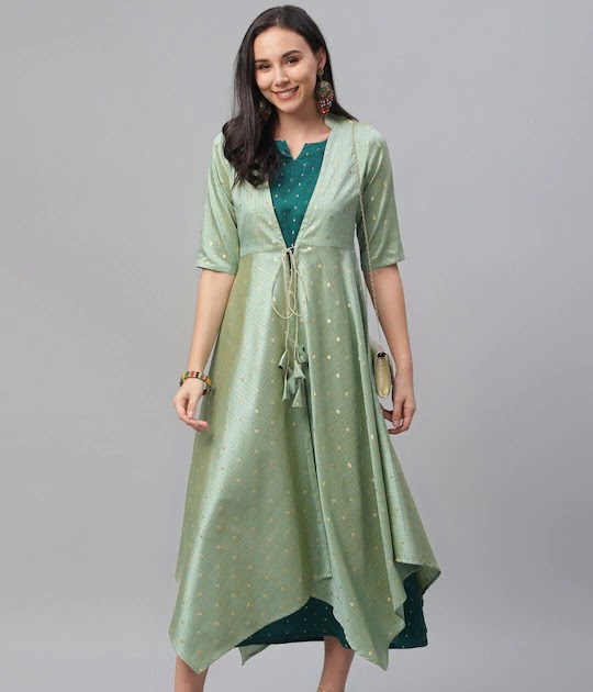 Libas Women Green Embroidered Maxi Dress with Shrug | Kurtas For Women ...