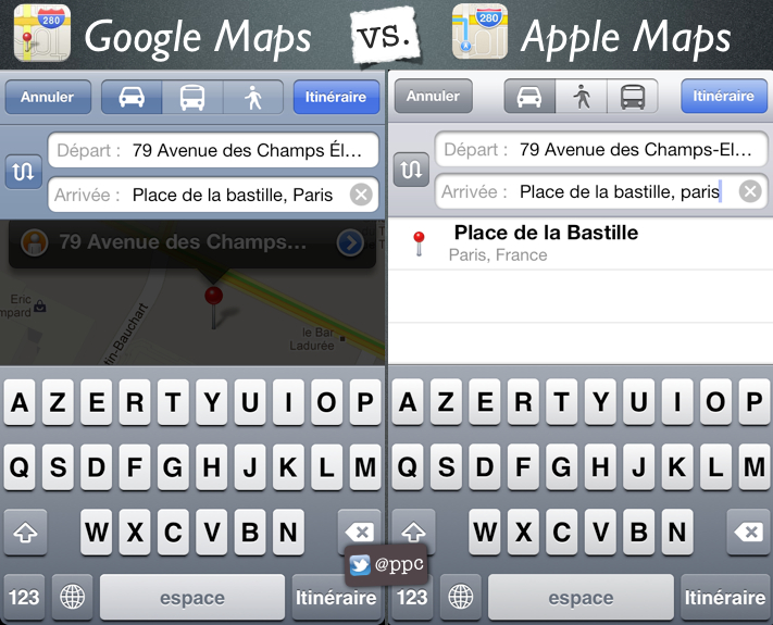 les différence de design entre Google Maps et Apple Maps sous iOS6 PPC