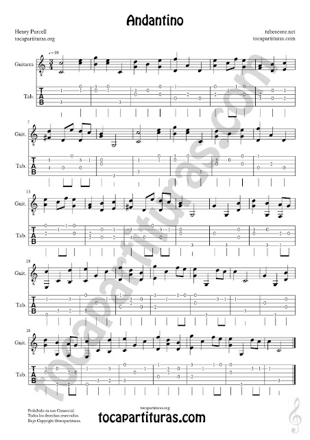 Partitura en formato JPG gratis de descarga del Andantino de Guitarra en forma con Tablaturas en número (dedos) Fingerstyle sheet music tablature for guitar tabs (fingerings)