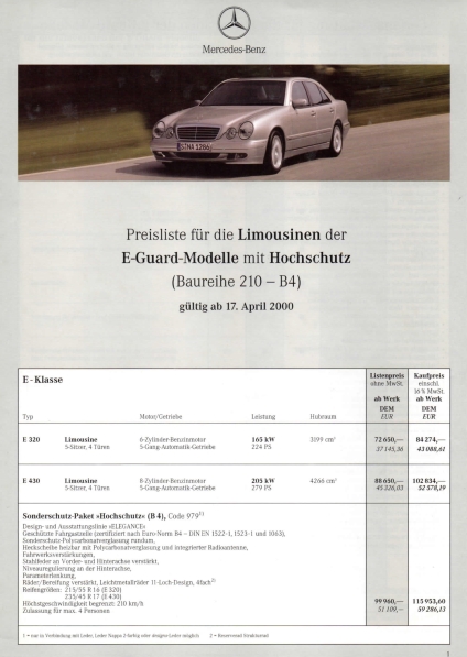 Mercedes Benz W210 E-Klasse Limousine Guard Hochschutz Preisliste 17. April 2000