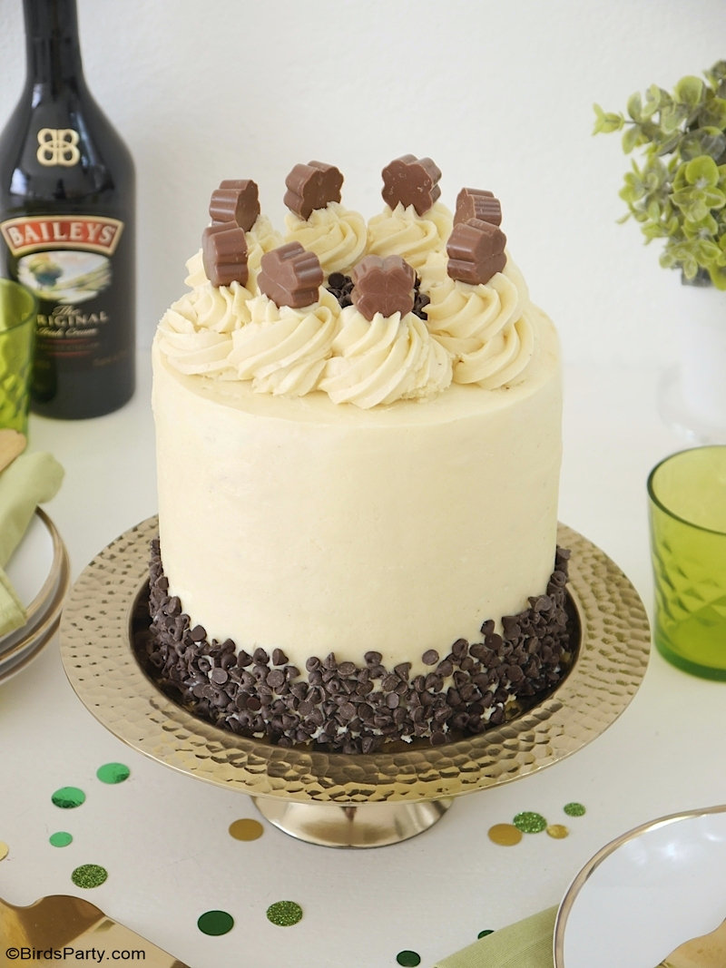 Chocolate Layer Cake with Baileys Condensed Milk Frosting - easy and quick to make Russian buttercream frosting, perfect for Saint Patrick's Day! by BirdsParty.com @birdsparty #saintpatricksday #layercake #baileys #baileyscake #chocolatecake #baileyslayercake #russianbuttercream #sweetcondensedmilk #frosting #buttercream #saintpaddysday