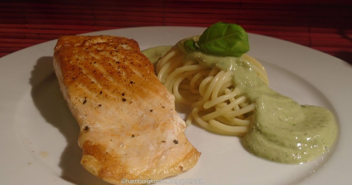 Hamburg kocht!: Lachs auf Avocado-Basilikum-Nudeln