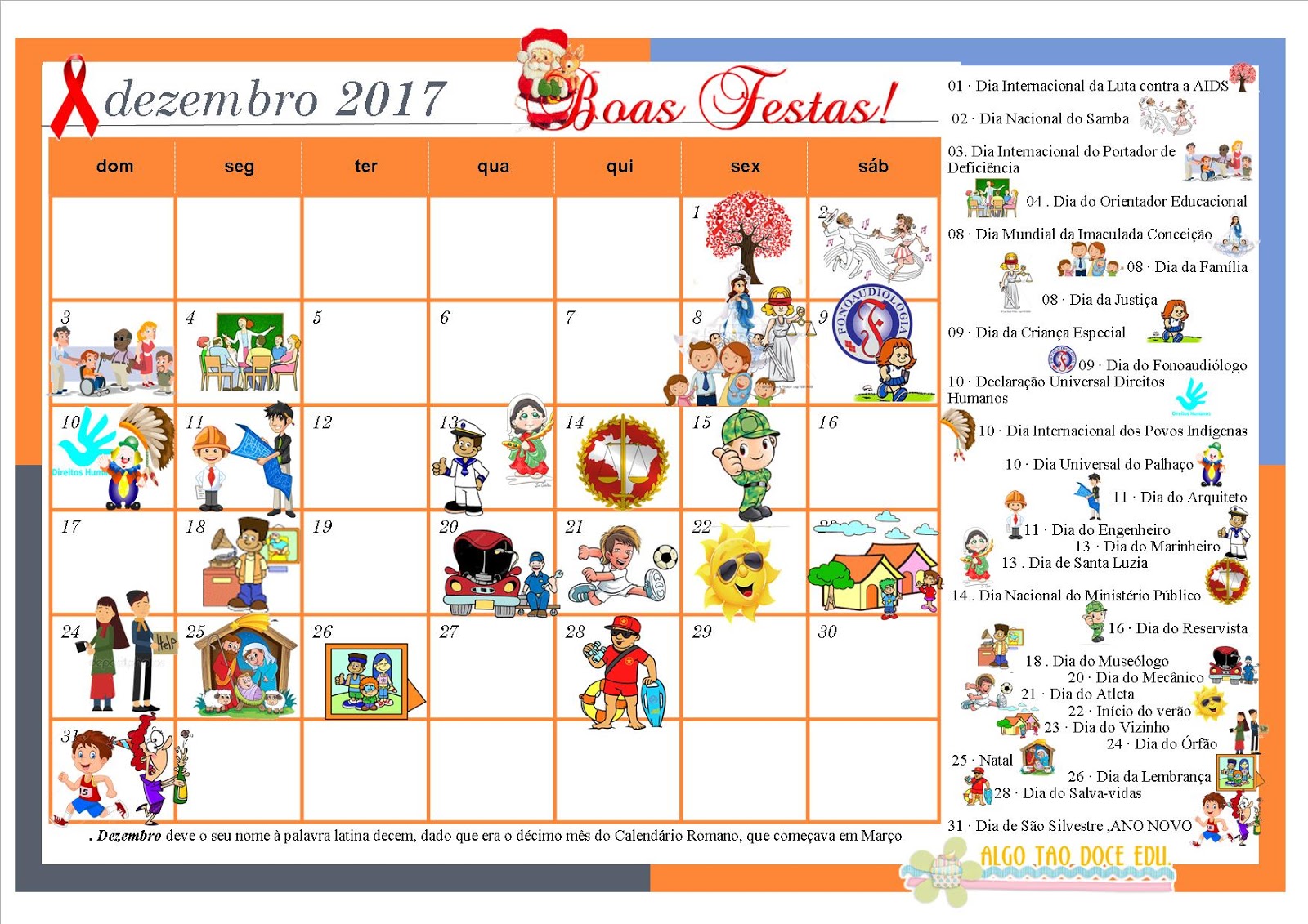 ♥Algo Tão Doce Educação♥ Calendário Datas Comemorativas Dezembro