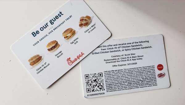 Chick-fil-A "Be our guest" QR Code offers customers Free breakfast menu items.