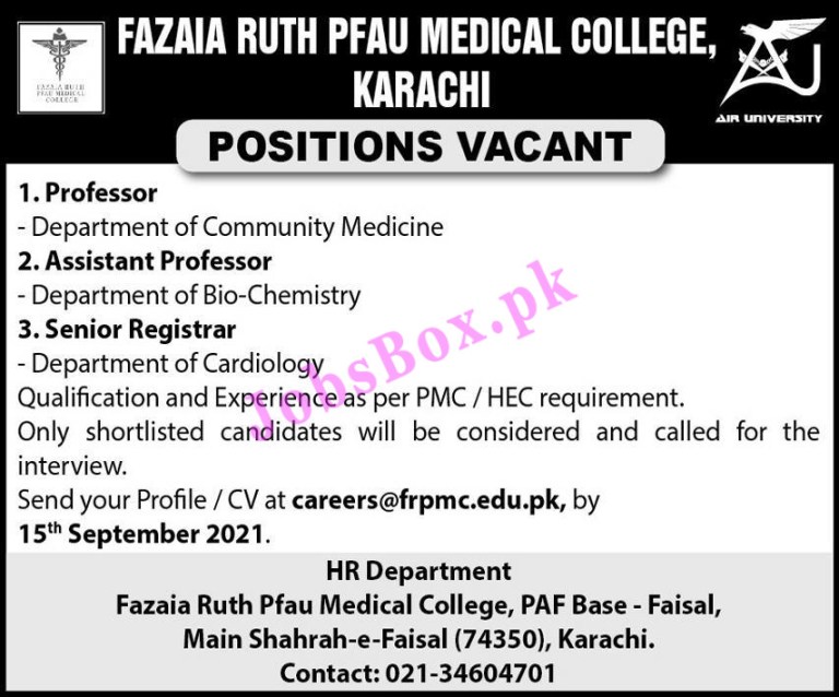 careers@frpmc.edu.pk - Fazaia Ruth PFAU Medical College Jobs 2021 in Pakistan