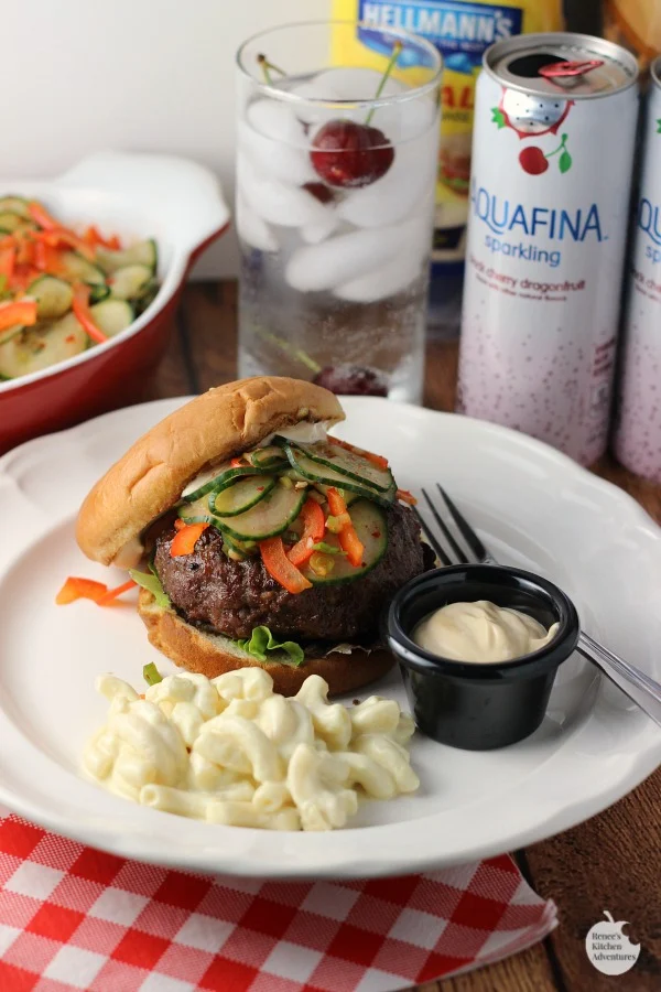 Korean BBQ Burgers with Kimchi Cucumbers | by Renee's Kitchen Adventures - easy recipe for grilled burgers and spicy cucumbers that make a great topping or side dish @gianteagle #SummerofGrilling #ad 