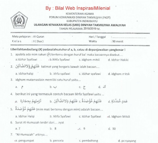 Soal Ulangan Madrasah Diniyah Kelas 2 Soal Baru