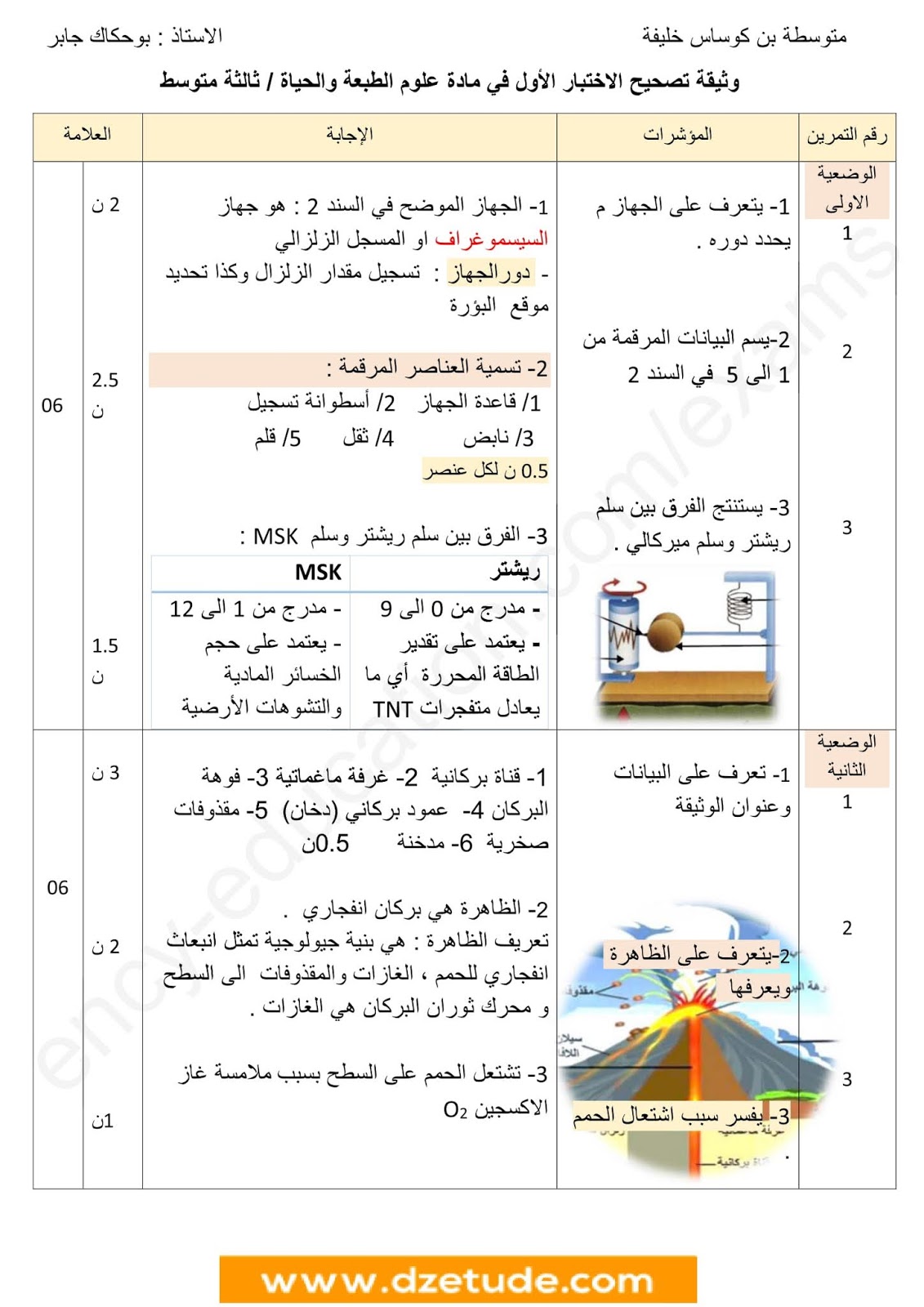 إختبار العلوم الطبيعية الفصل الأول للسنة الثالثة متوسط - الجيل الثاني نموذج 5